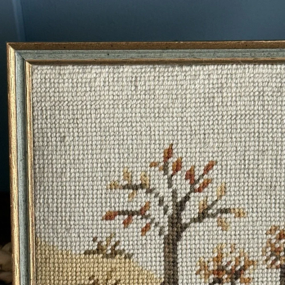 Vintage Framed‎ Needlepoint European Village Scene | French Country Cottage Wall